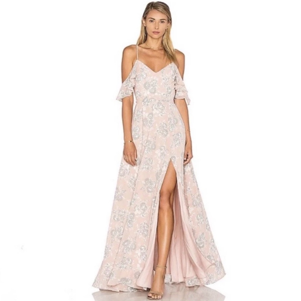 LOVERS AND FRIENDS Revolve Off Shoulder Maxi Dress Pink Floral Deep V Size 2